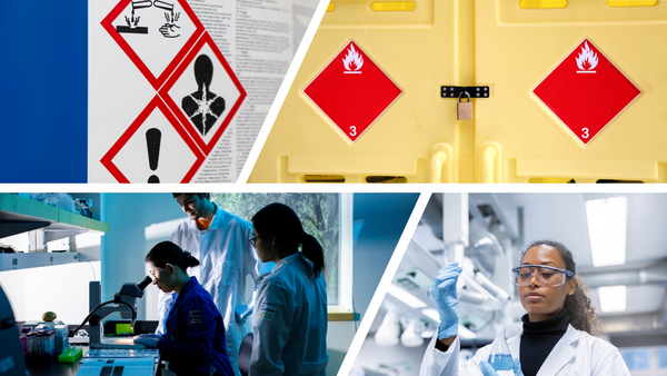 multiple images of items and personnel in a laboratory, including researchers, flammable storage, and chemical labels