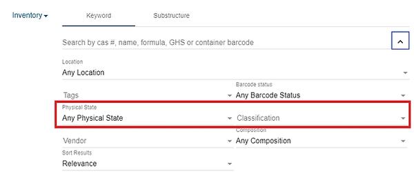 screenshot of UC Chemicals inventory search in UC chemicals platform. Used to search classification field and appropriate physical state.