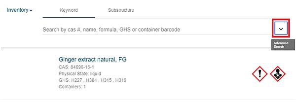 Screenshot of UC Chemicals inventory search in UC Chemicals platform. Used to determine hazard category