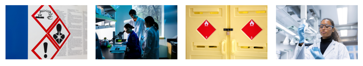 laboratory personnel in a research lab; working with chemicals; signage